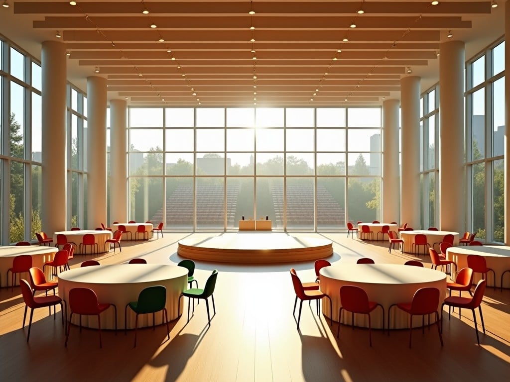 The image depicts a spacious, modern hall with large windows allowing sunlight to pour in, creating a warm atmosphere. The interior features circular and rectangular tables arranged for an event, with colorful chairs surrounding them. In the center, a circular stage is prominent, likely intended for performances or speeches. The design emphasizes an open, airy feel, enhanced by the use of natural lighting and clean lines. The stadium seats in the background suggest this space can accommodate a large audience for various events.