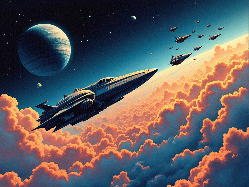 This artwork showcases a stunning 'Leiji Matsumoto style' with a spaceship soaring through the cosmos. Surrounding it is a backdrop filled with vibrant nebulas and distant planets in a dark sky. In the background, a formation of polyhedral spaceships can be seen flying elegantly. The colors are a captivating blend of deep blues and bright oranges, creating an electrifying atmosphere. The overall vibe encapsulates a sense of psychedelic and futuristic space exploration, infused with a lively musical energy.