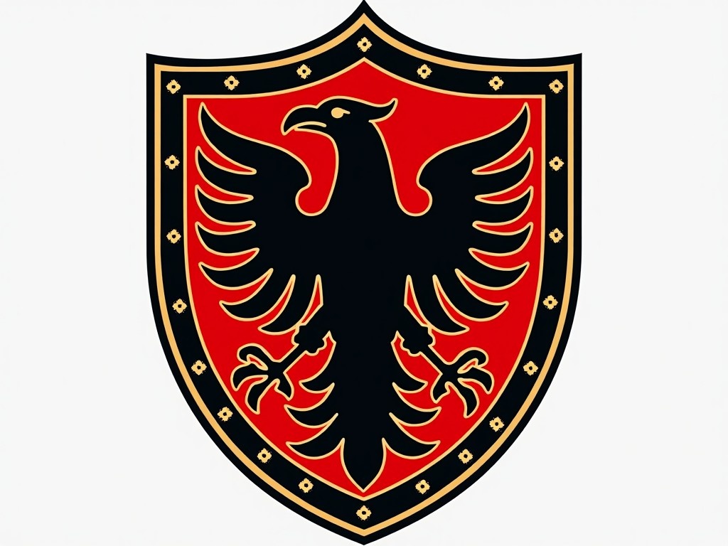 Create a personalized family shield for the XUF family from Terrnave, near Presheva. The design should feature a bold black eagle against a vibrant red background, symbolizing strength and heritage. Incorporate intricate gold detailing on the edges of the shield to enhance its regal appearance. The overall shape should resemble a traditional heraldic shield, conveying a sense of pride and identity. This shield will serve as a lasting representation of the family's Albanian roots.