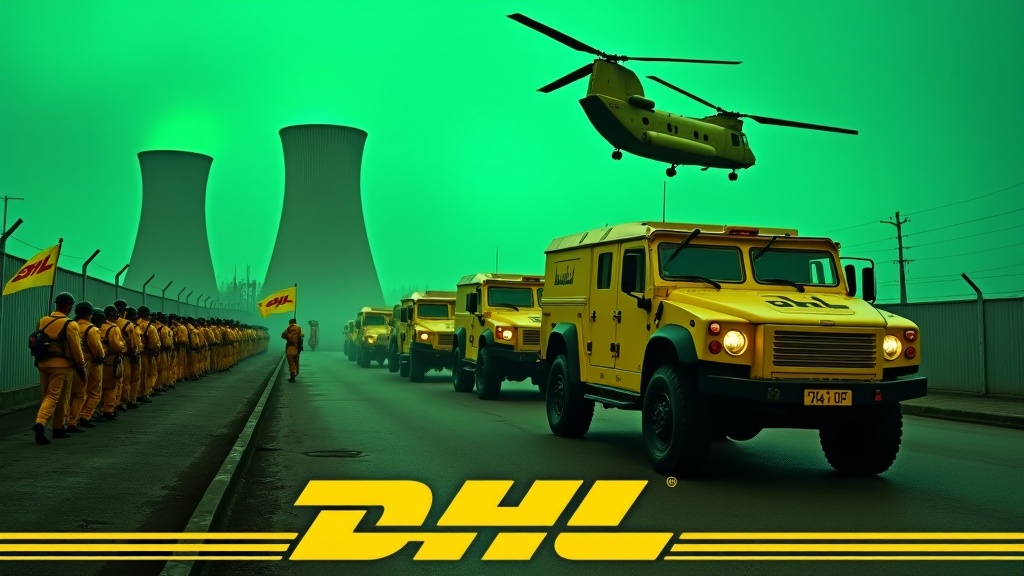 This image depicts a dramatic scene with several large yellow armored cars driving towards a fence, all adorned with the DHL logo. Nearby, soldiers in yellow uniforms march in unison with rifles, enhancing the military theme. One soldier holds a flag featuring the DHL logo, emphasizing the brand's presence. The backdrop includes prominent smokestacks of a nuclear power plant, casting a green glow over the scene. Above, a yellow Chinook helicopter adds to the intensity, making it a captivating and surreal depiction of corporate and military themes.