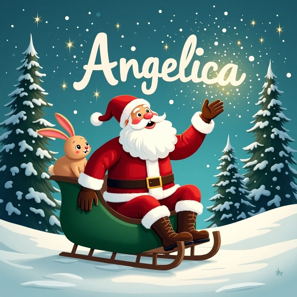 The image depicts Santa Claus in a snowy landscape, joyfully conjuring magical writing in the sky that spells 'Angelica'. He is dressed in a classic red and white suit, sitting in a green sled. A friendly rabbit accompanies him, adding a whimsical touch. Tall evergreen trees dusted with snow create a serene background. The sky is adorned with twinkling stars, enhancing the magical atmosphere. This scene perfectly captures the essence of Christmas and holiday cheer, making it ideal for festive occasions.