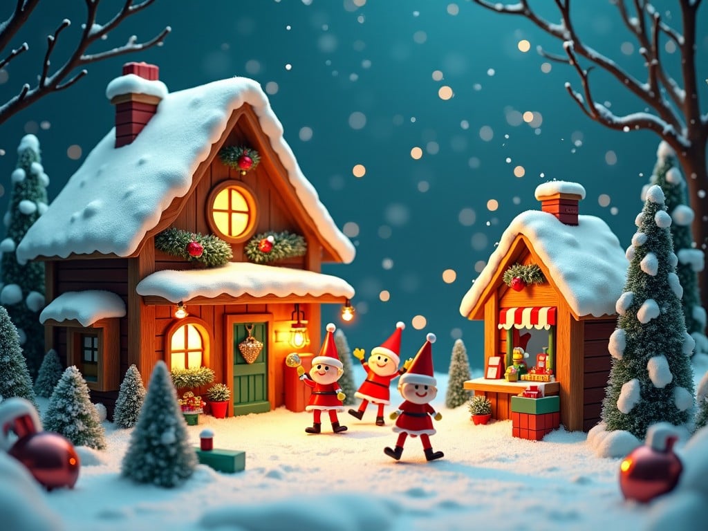 The image depicts a whimsical Christmas scene with two snow-covered houses. One house has a warm glow emanating from its door, while the other is a festive shop. Cheerful characters dressed as Santa Claus are seen celebrating in the snow. Surrounding the houses are trees adorned with ornaments. Snow gently falls, creating a magical winter atmosphere.