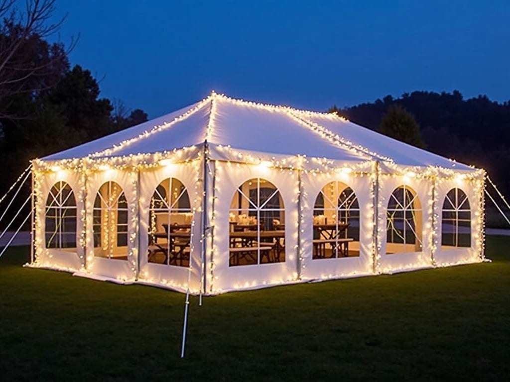 The image shows a large white tent beautifully lit with string lights. It's set up on a grassy area, perfect for outdoor events. The tent features multiple windows that add to its charm. As night falls, the warm lights create a cozy atmosphere. This setup is inviting for gatherings like weddings or parties.