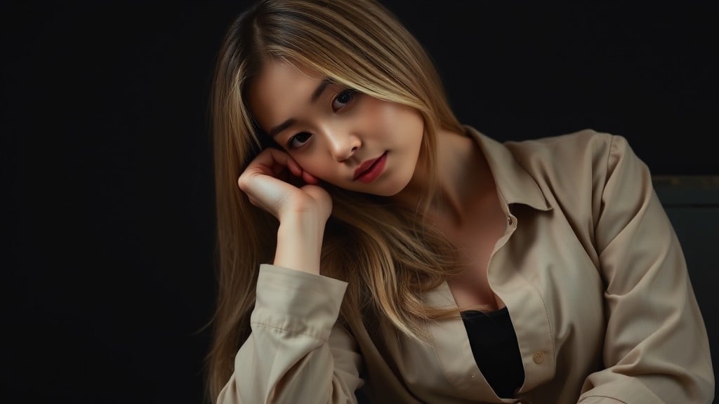 A serene portrait of a woman with long blonde hair sitting against a dark background.