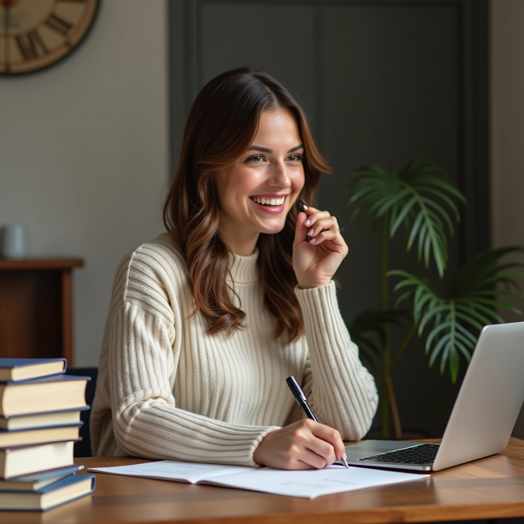 A smiling woman in a cream sweater sits at a wooden table, taking notes in front of a laptop, with books stacked nearby and a plant in the background.