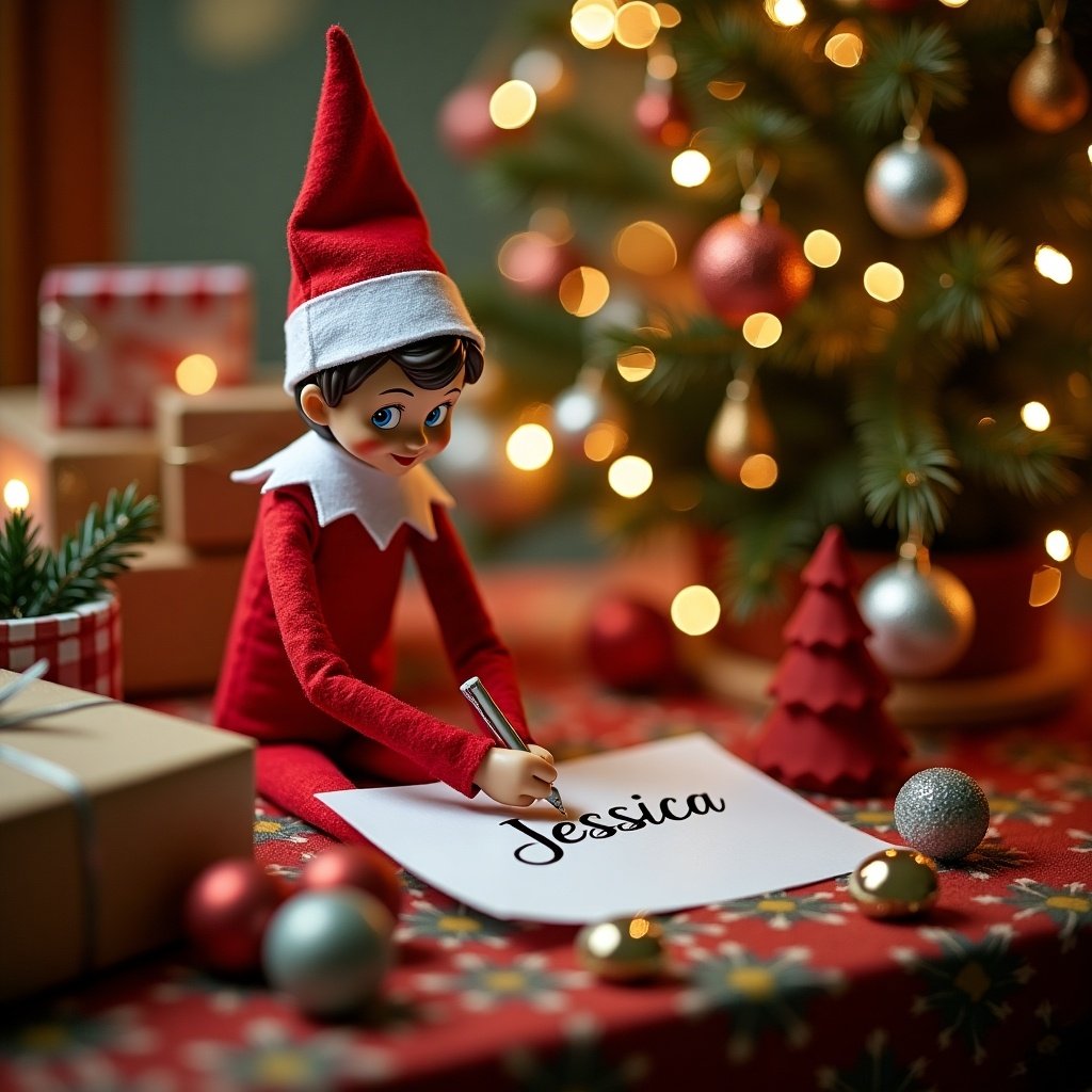 This image features the popular Elf on the Shelf character sitting at a festive table. The elf, dressed in bright red and white, is seen writing the name 'Jessica' on a piece of paper. Behind the elf, a beautifully decorated Christmas tree glows with colorful lights and ornaments. The table is adorned with presents and holiday decorations, creating a warm, inviting atmosphere. This scene captures the essence of holiday magic and personalized touches during Christmas celebrations.