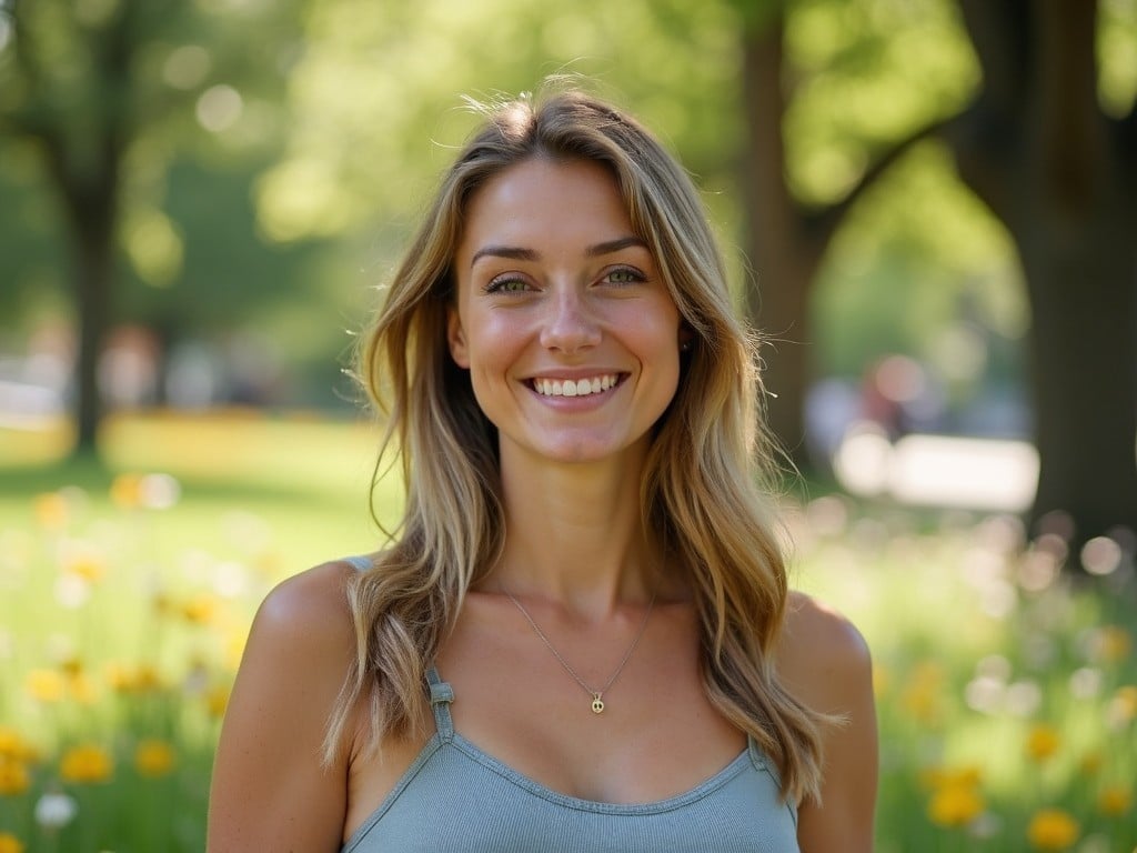 A woman with long hair smiling in a sunny park, surrounded by blooming flowers and lush greenery, with a softly blurred background and gentle sunlight filtering through trees.