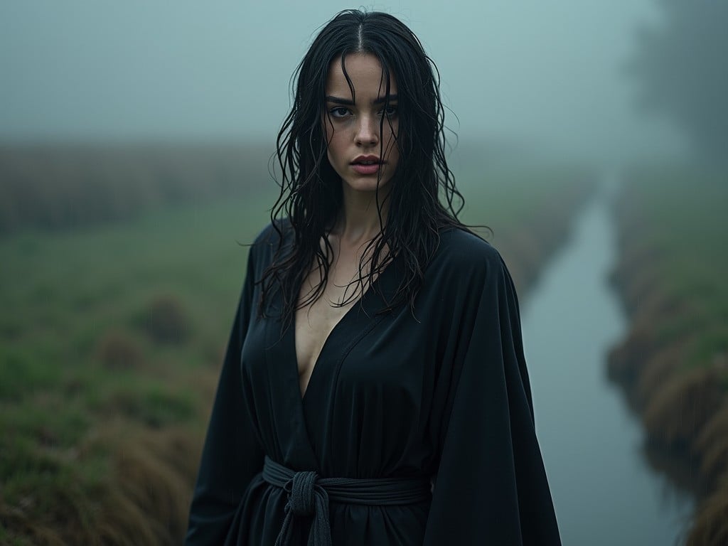 A mysterious woman standing in a foggy field, wearing a black robe with wet hair, gazing intensely at the camera. The background consists of blurred mist and grass, creating a haunting atmosphere.