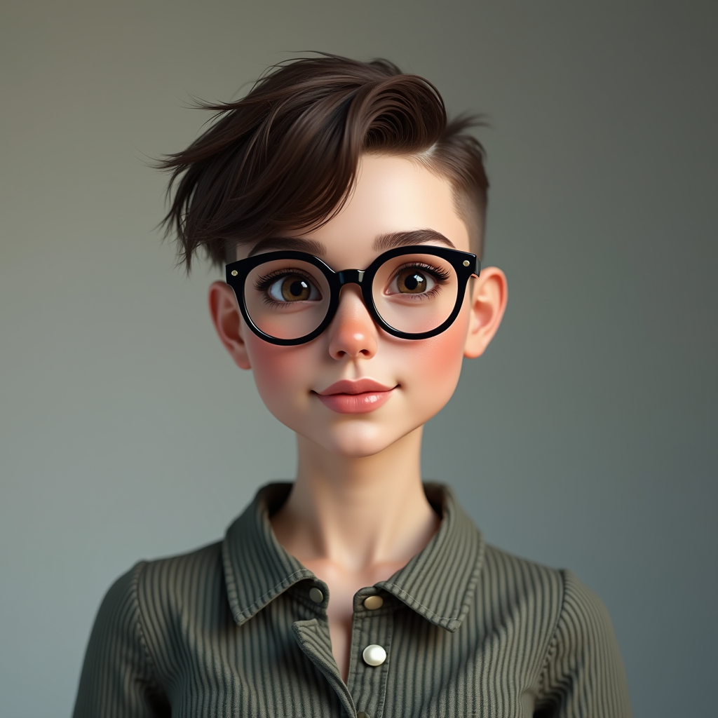 A realistic cartoon character with stylish glasses and short hair looks forward with a calm expression.