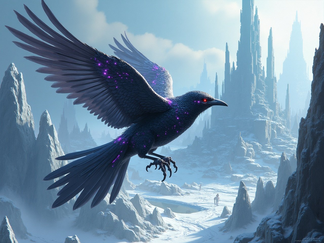 A majestic raven adorned with glowing purple speckles soars through a fantastical icy landscape. The raven's eyes glow red, adding an ethereal quality, as it glides over jagged, snow-covered peaks. In the distance, a solitary figure traverses the surreal terrain, enhancing the sense of scale and isolation.