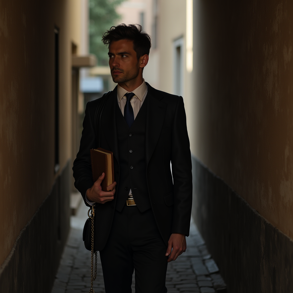 A man in formal attire walks confidently down a narrow alley holding a book.