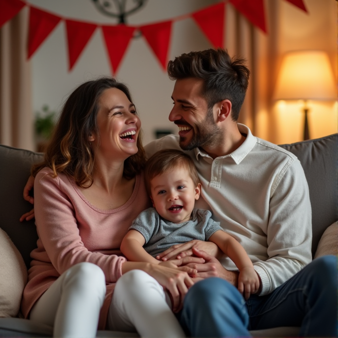 A joyful family sits together on a couch, laughing and embracing, with festive red flags hanging in the background.