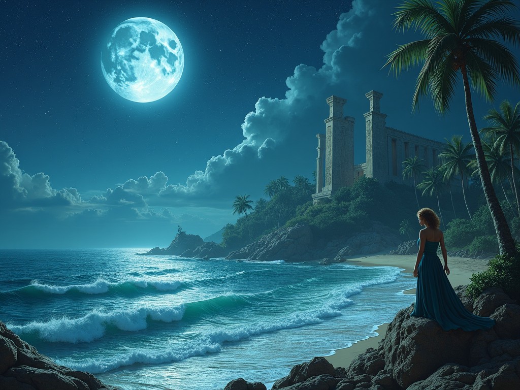 A serene night scene with a full moon illuminating a beach, a woman in a flowing dress, palm trees, and ancient ruins.