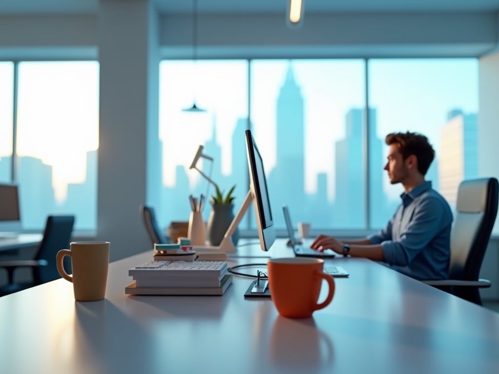 The image captures a modern office setting with a focus on a desk in the foreground featuring coffee mugs, notebooks, and a potted plant, indicating a workspace. In the background, a man sits at a computer against large windows that reveal a sprawling city skyline. The lighting is soft and the atmosphere suggests early morning or late afternoon, lending a calm and productive feel to the scene.