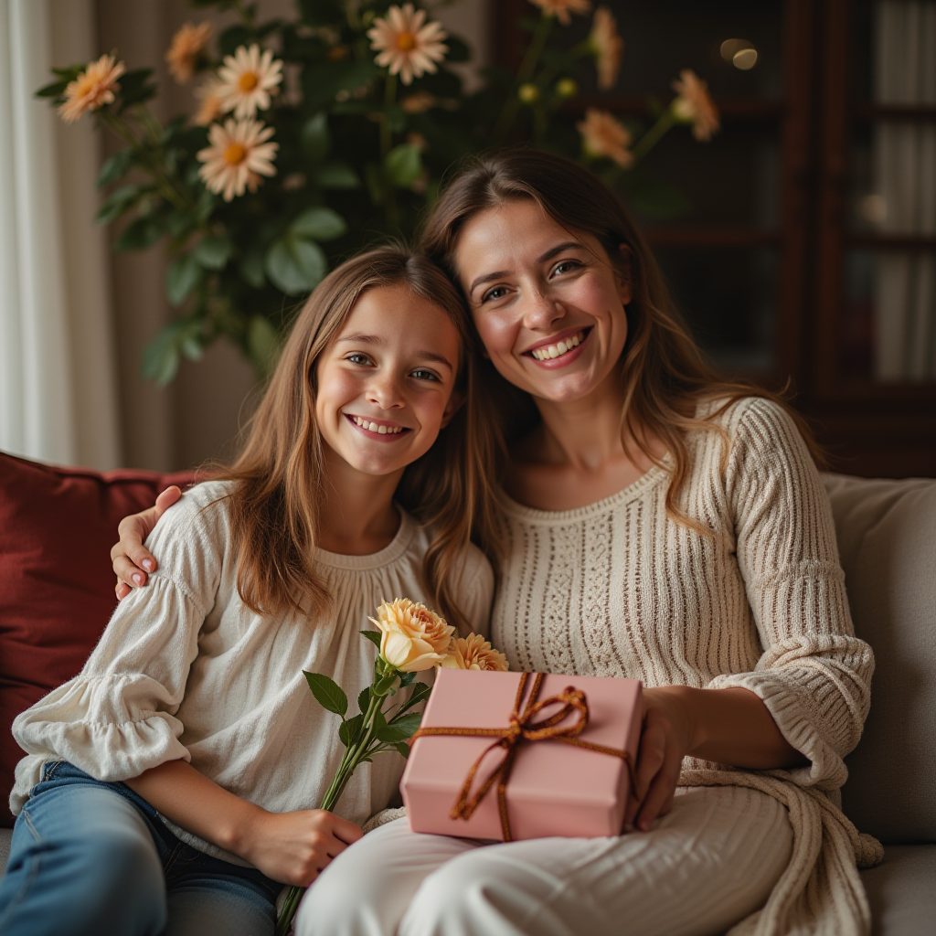 A mother and daughter smiling together, holding a gift and flowers.