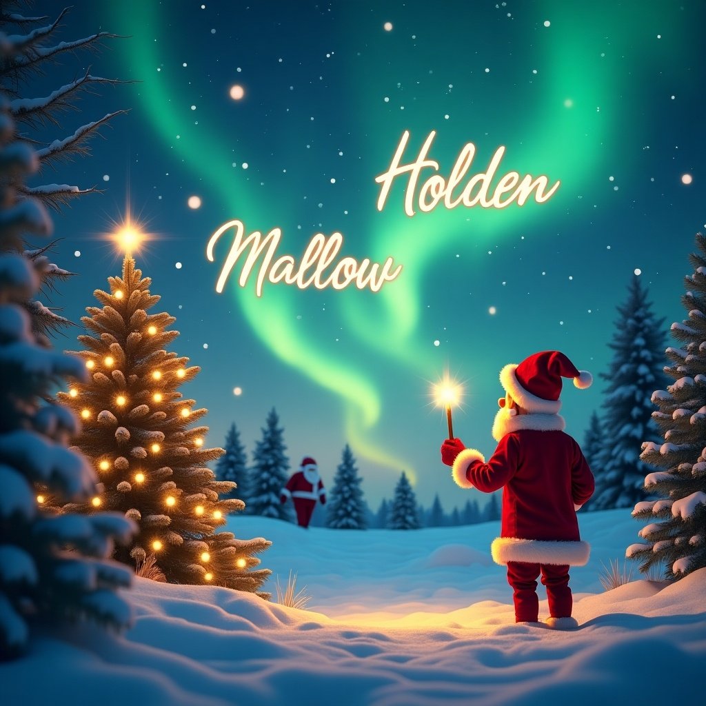 This image showcases an enchanting Christmas scene. In the foreground, an elf dressed in a vibrant red outfit stands turned away, gazing at the sky. The elf holds a wand and appears to be writing names in the starry night. The backdrop features a stunning display of northern lights, with swirling colors illuminating the snow-covered landscape. A decorated Christmas tree shines with soft glowing lights, enhancing the magical holiday charm. In the distance, Santa Claus can be seen, adding to the festive atmosphere.