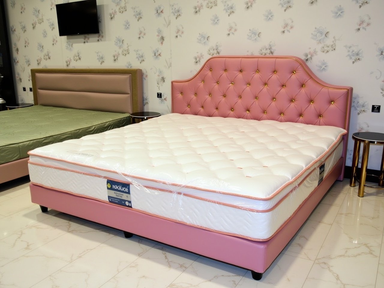 The image shows a stylish and modern bed set displayed in a furniture store. The main bed has a pink upholstered headboard with a diamond pattern and gold accents, giving it an elegant look. The mattress is wrapped in plastic, showcasing its design and branding. To the left, there is another bed with a greenish mattress visible without any cover. The room has a marble floor, providing a classy touch, and there is a television screen in the background. The walls are decorated with a subtle floral pattern, adding to the overall aesthetic of the space.