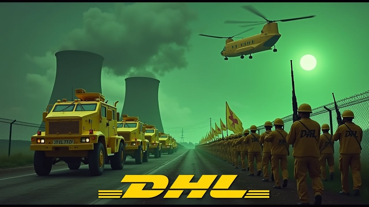 In a dramatic scene, several large yellow armored cars drive towards a fence, prominently featuring the DHL logo. Nearby, soldiers in yellow uniforms march with rifles in unison, while one holds a flag displaying the DHL logo. The background reveals glowing green smokestacks from a nuclear power plant, contributing to an ominous atmosphere. Above, a powerful yellow Chinook helicopter adds to the intensity of the image. The whole scene is enveloped in an eerie green light, enhancing the dramatic effect, all framed by the DHL logo at the bottom.