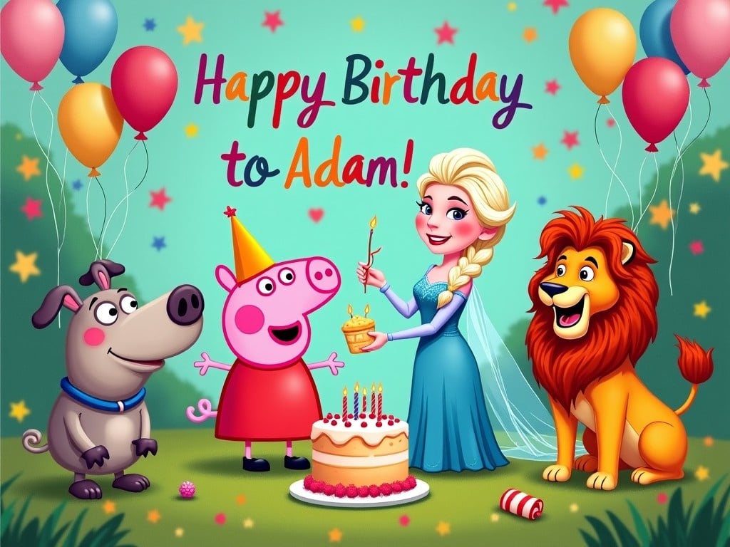 Create a vivid birthday scene featuring popular animated characters celebrating. Include Peppa Pig, Elsa, Bluey the Blue Heeler, and Simba. Make sure they're surrounded by balloons, a festive cake, and colorful decorations. The text 'Happy Birthday to Adam!' should be included in playful, colorful fonts. The scene should feel bright and joyful, capturing the essence of a fun backyard party.