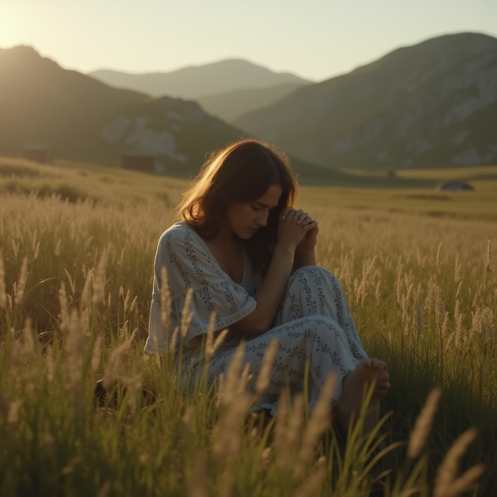 A woman sits contemplatively in a field during sunset, surrounded by tall grass and mountains.