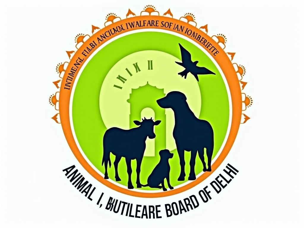 Logo design featuring various animals around iconic Delhi architecture, with symbolic text in a circular pattern.