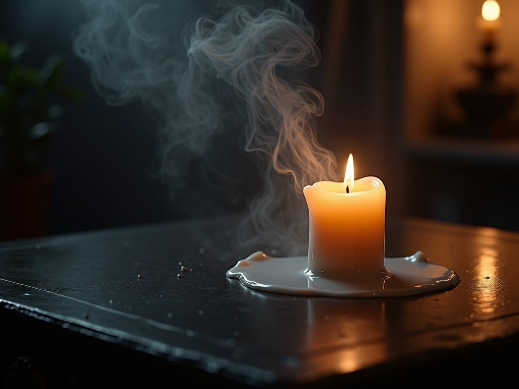 A lit candle sits on a table, surrounded by a pool of wax, creating an atmosphere of warmth and tranquility. Gentle smoke wafts from the flame, adding a delicate and ethereal quality to the image. The soft, dim lighting highlights the flickering flame and the smooth, flowing shapes of the wax.