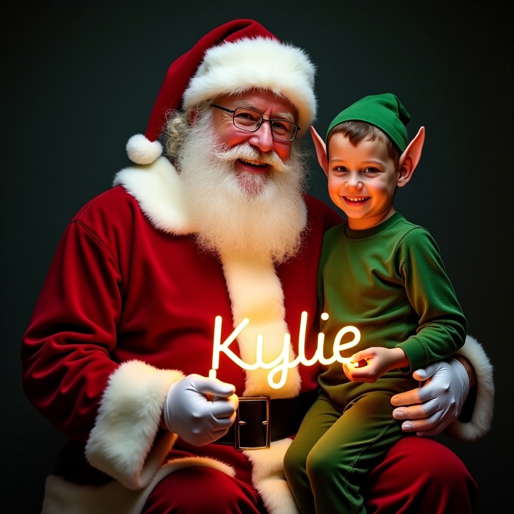 This image features Santa Claus, dressed in a traditional red and white suit, smiling warmly. He is holding a glow stick that emits light in the form of the name 'Kylie'. Sitting beside him is a young boy wearing a green elf costume, who is also happily smiling. The background is dark, emphasizing the festive light. The overall mood is joyful and enchanting, perfect for the holiday season.