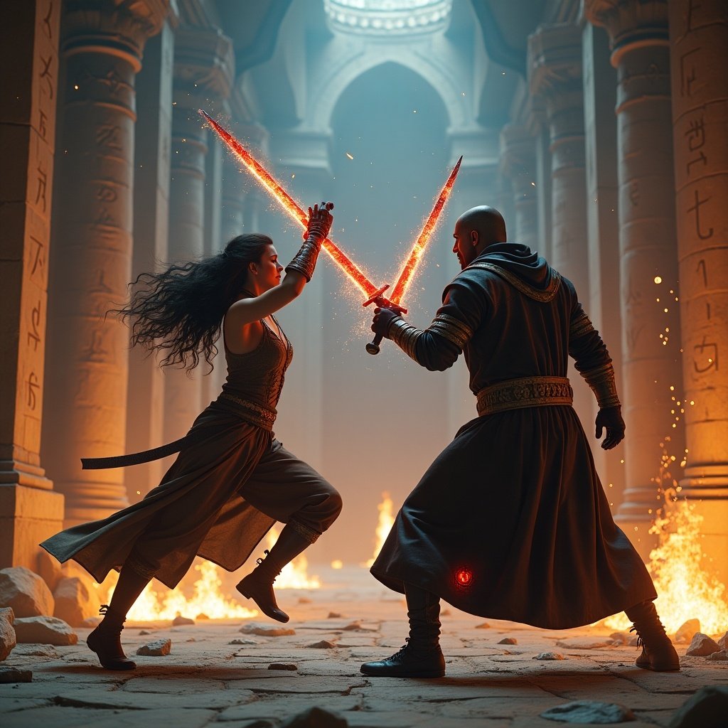 This image depicts a hyper-realistic cinematic still of a fierce final duel between Gina and Rashid in an ancient throne room. Gina, a Latin warrior, leaps mid-air, her battle-worn leather attire and glowing sword contrasting against her adversary. Rashid, the ominous sorcerer, stands ready with his crimson staff, channeling dark energy. The backdrop is dramatic, featuring towering stone pillars etched with glowing runes and a shattered throne surrounded by flames. The dynamic lighting adds an epic feel, highlighting both characters as they clash in an intense moment of battle.