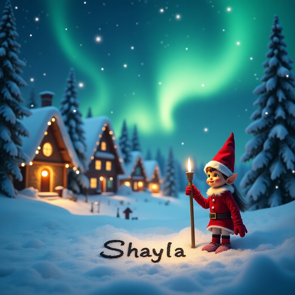 A magical snowy scene features a traditional elf on the shelf writing 'Shayla' in the snow. The elf, dressed in a classic red outfit, holds a small stick and looks joyful. In the background, a cozy village of houses with glowing lights can be seen, surrounded by snow-covered trees. The night sky is beautifully lit by the vibrant aurora borealis, creating a whimsical atmosphere. This scene captures the essence of the holiday spirit and childhood wonder.