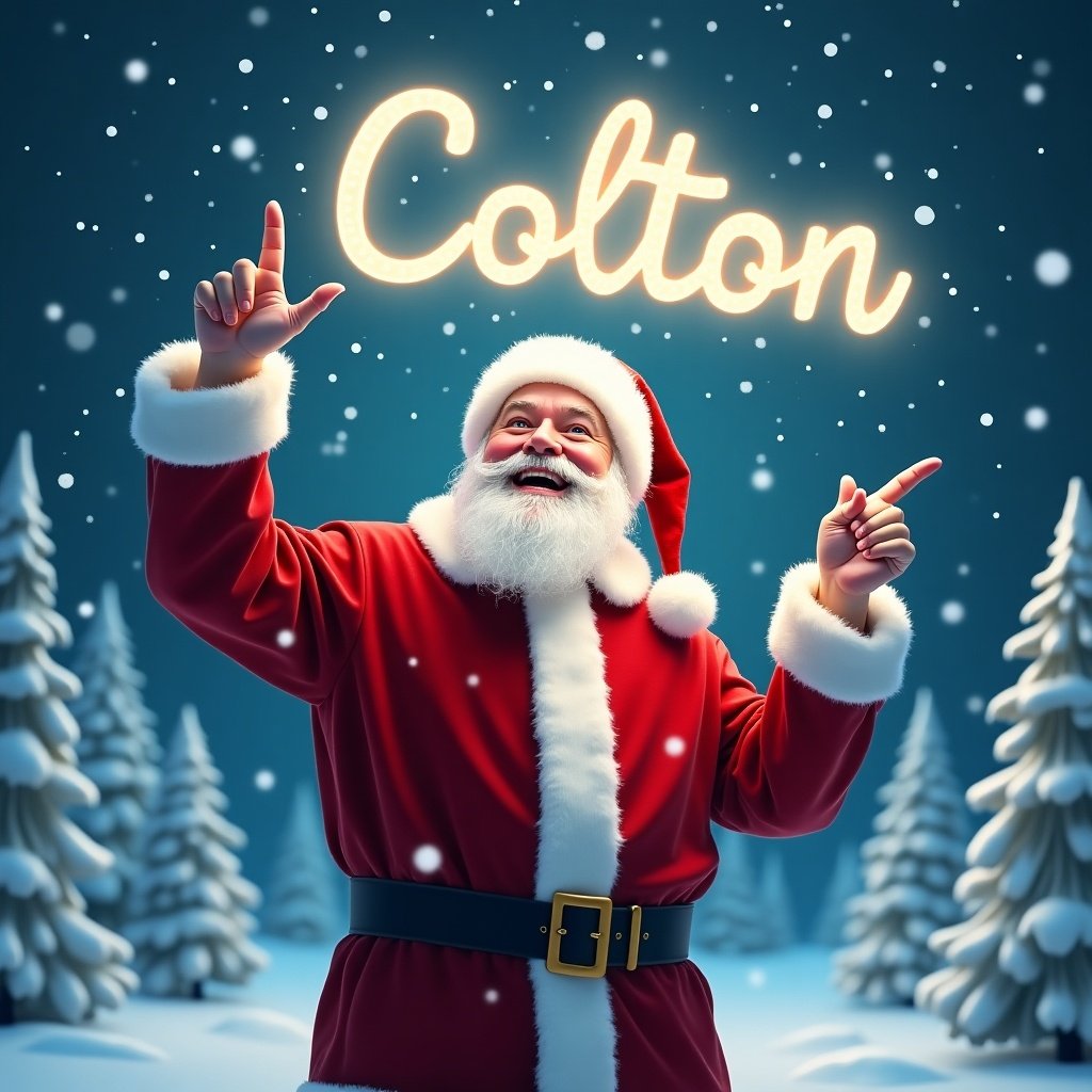 The image depicts a joyful Santa Claus standing in a winter wonderland. He is dressed in his traditional red suit with white trim and a matching hat. Santa is pointing upward as if he is magically writing a name in the sky. Snowflakes gently fall around him, adding to the festive atmosphere. In the sky, the name 'Colton' is written in bright, glowing letters. The background features snowy trees, enhancing the Christmas scene.