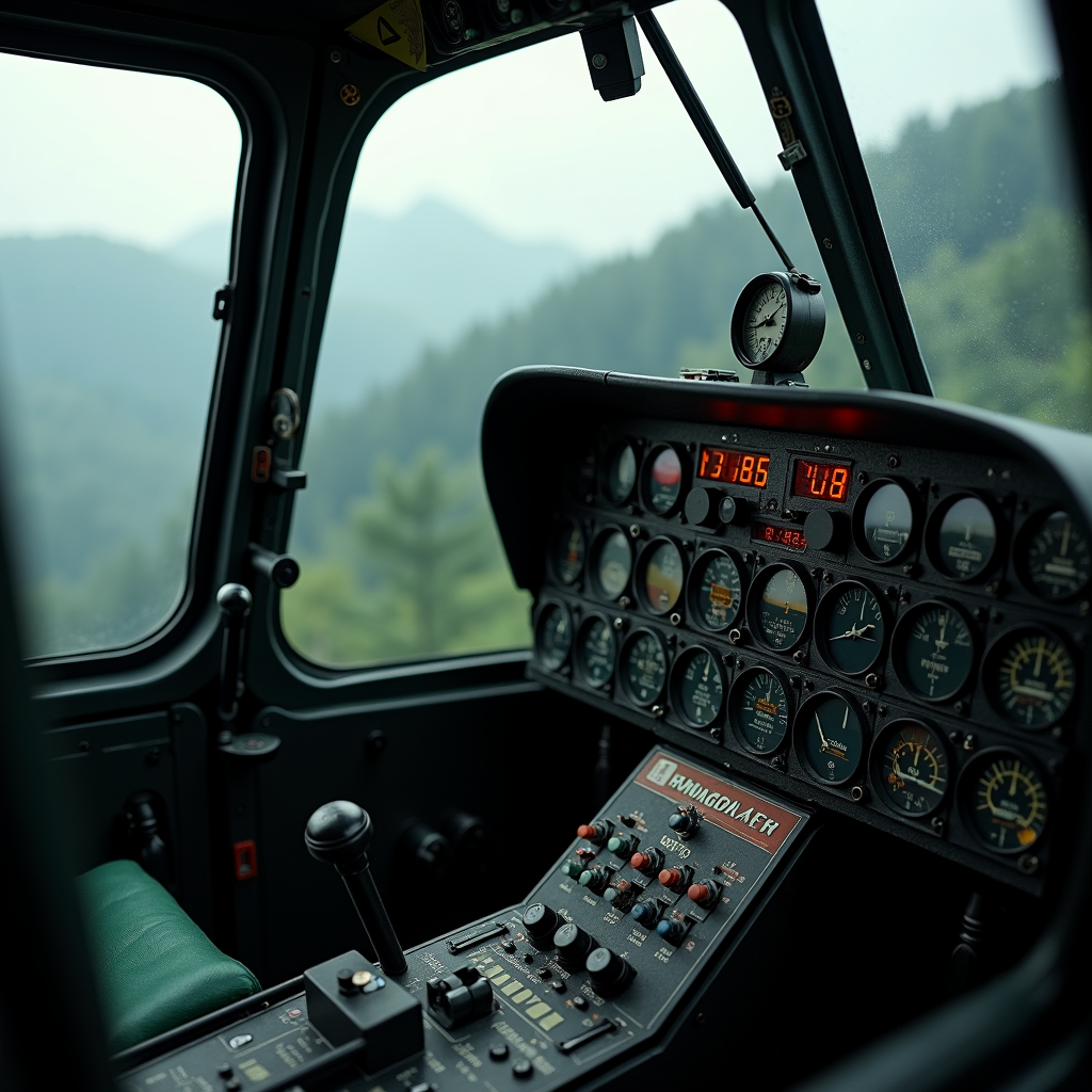 A view inside a helicopter cockpit with detailed instrument panels, overlooking misty mountains.