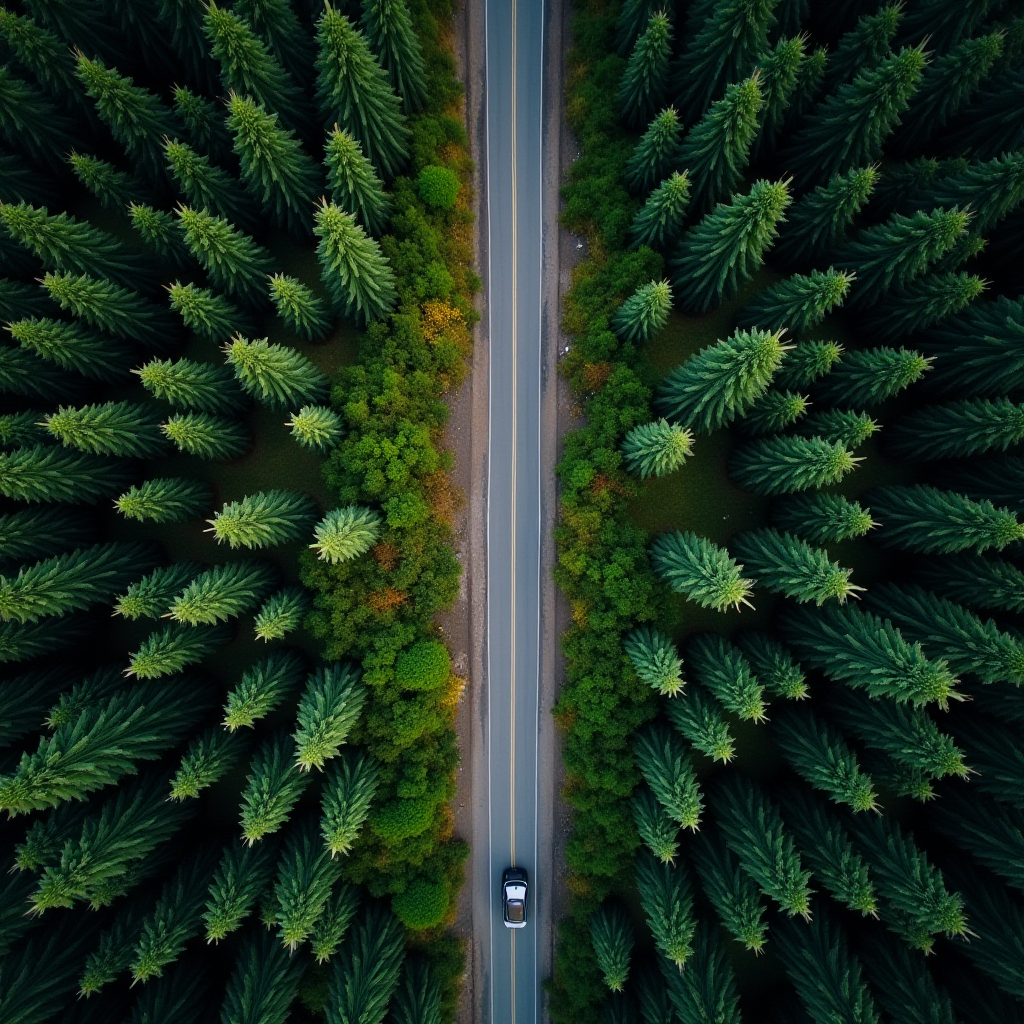 Aerial view of a solitary car driving along a narrow road flanked by dense, towering evergreen trees.