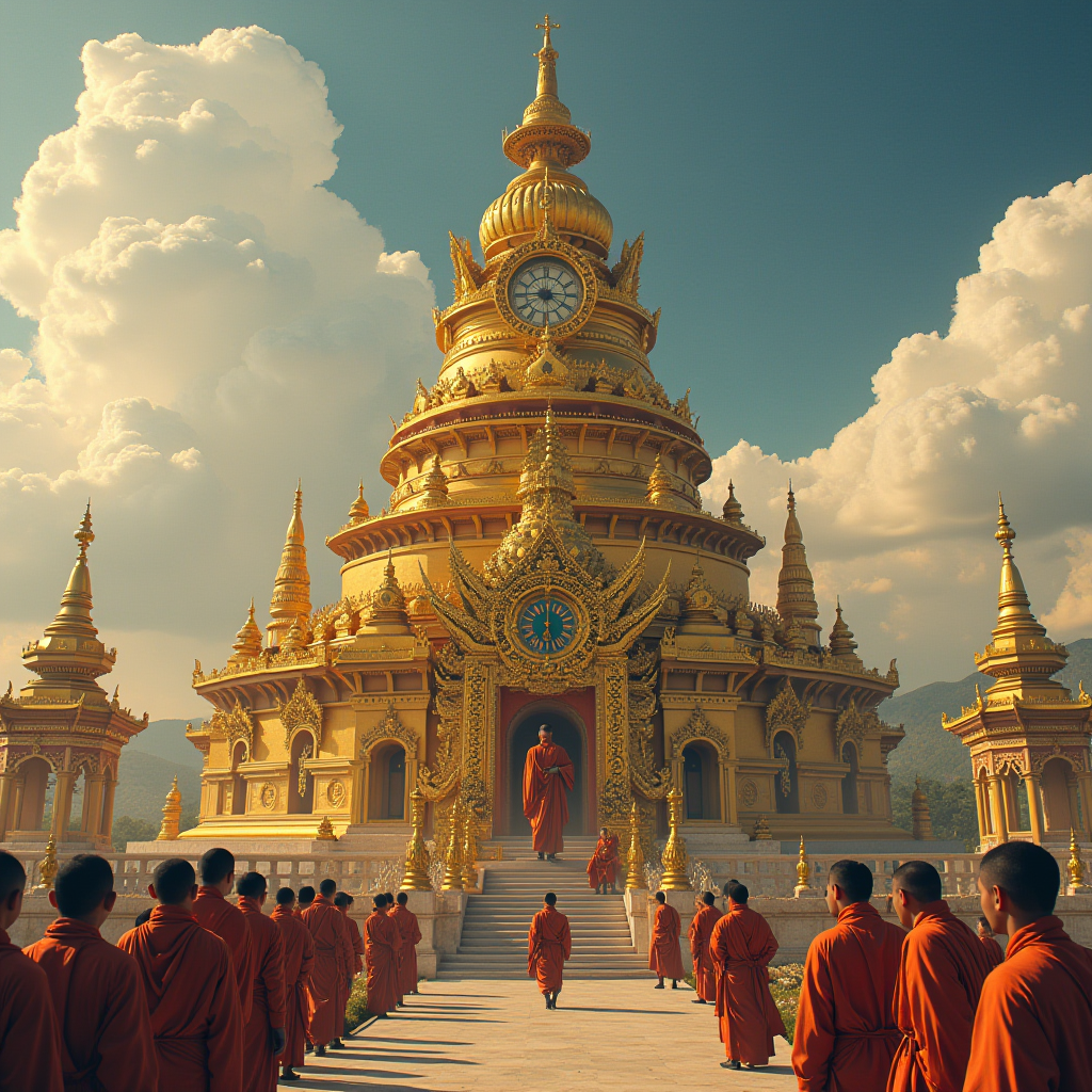 A group of monks in orange robes approach an ornate golden temple with intricate architectural details and a prominent clock face, set against a backdrop of dramatic clouds.