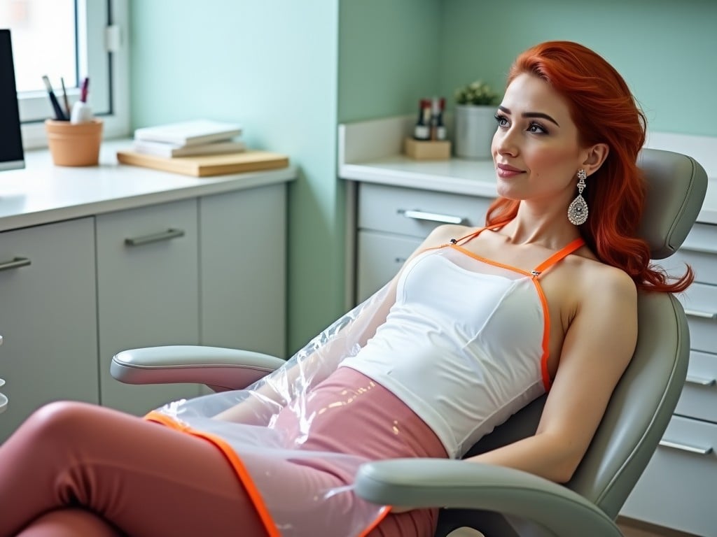 The image features a woman with long red hair styled elegantly, sitting comfortably in a modern dental clinic. She wears a white halter top paired with shiny pink pants, which highlight her stylish look. A large clear PVC bib with orange edges covers her, reaching down to her knees, suggesting she is prepared for a dental appointment. The environment is bright and inviting, with soft natural lighting enhancing the calming atmosphere. Her accessories, particularly her chic earrings, add to her fashionable appearance while she relaxes in the dentist's chair.