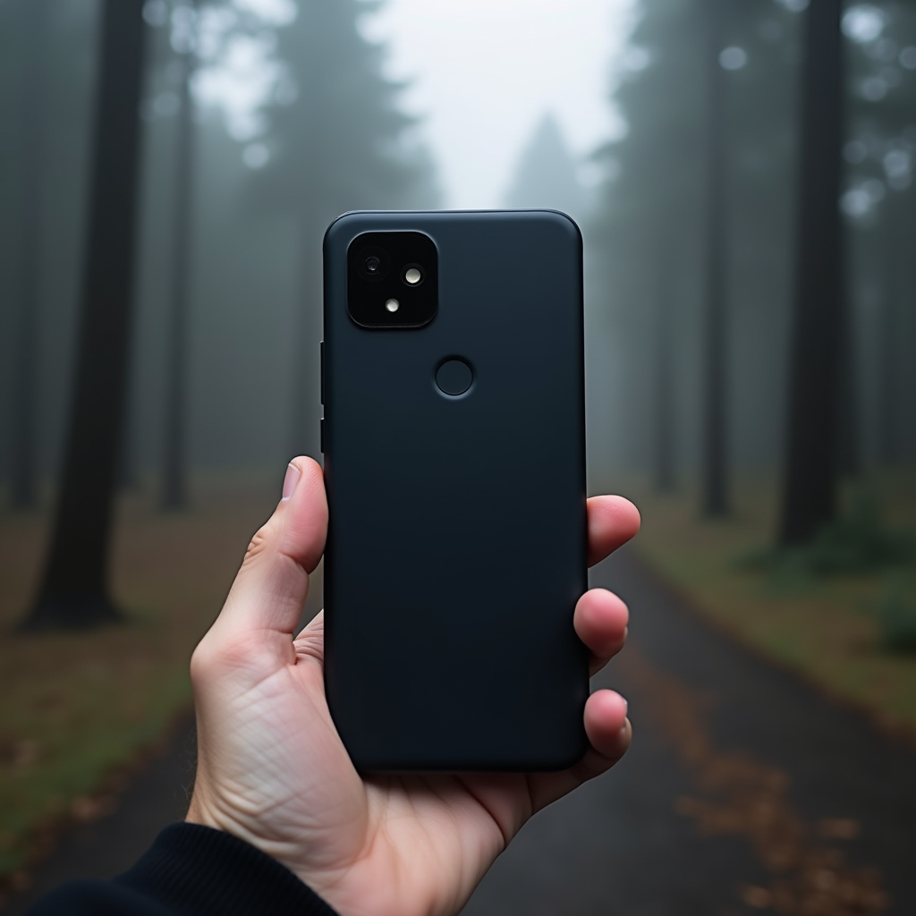 A hand holds up a black smartphone in a foggy forest.