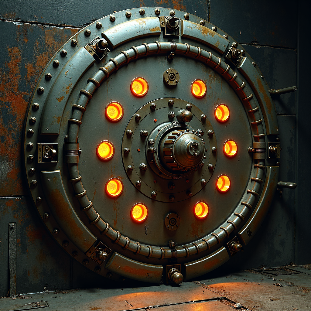 A heavy, metallic vault door illuminated by circular glowing orange lights.