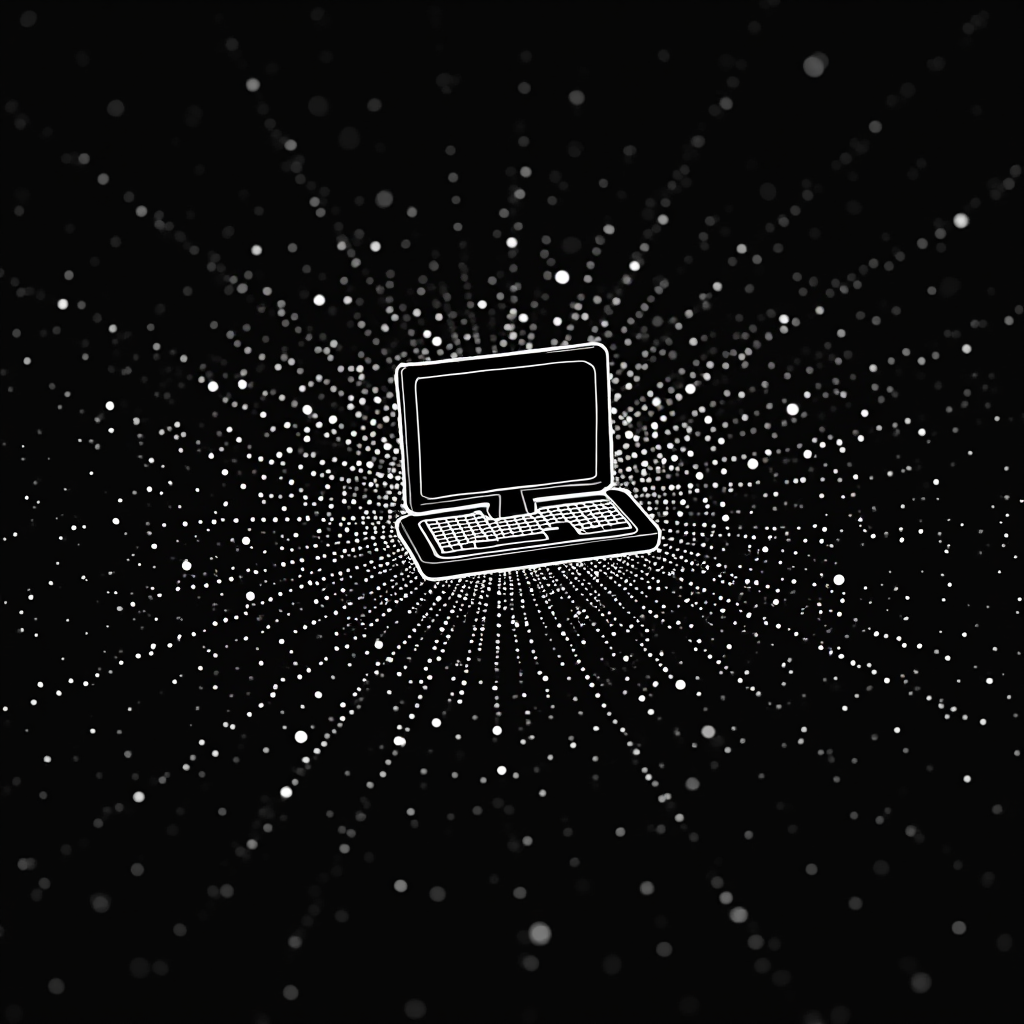 A computer surrounded by a network of white dots, resembling a digital starfield on a black background.