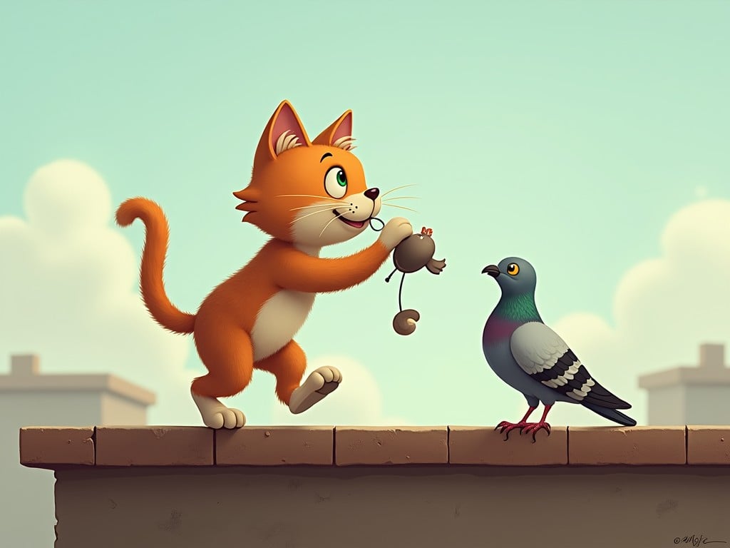 In a whimsical illustration, an animated orange cat is enthusiastically offering a small object to a curious pigeon. They stand atop a rooftop, under a bright, clear sky that enhances the playful and lighthearted interaction between the two animals. The scene conveys a sense of unlikely friendship and adventure in a cityscape setting.