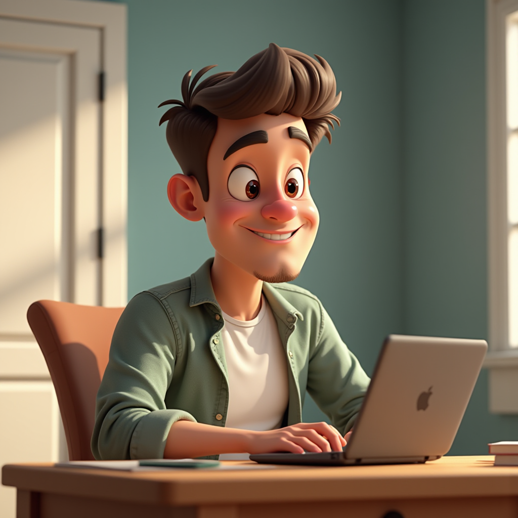 A cheerful cartoon man with stylish hair works on a laptop in a warmly lit room.