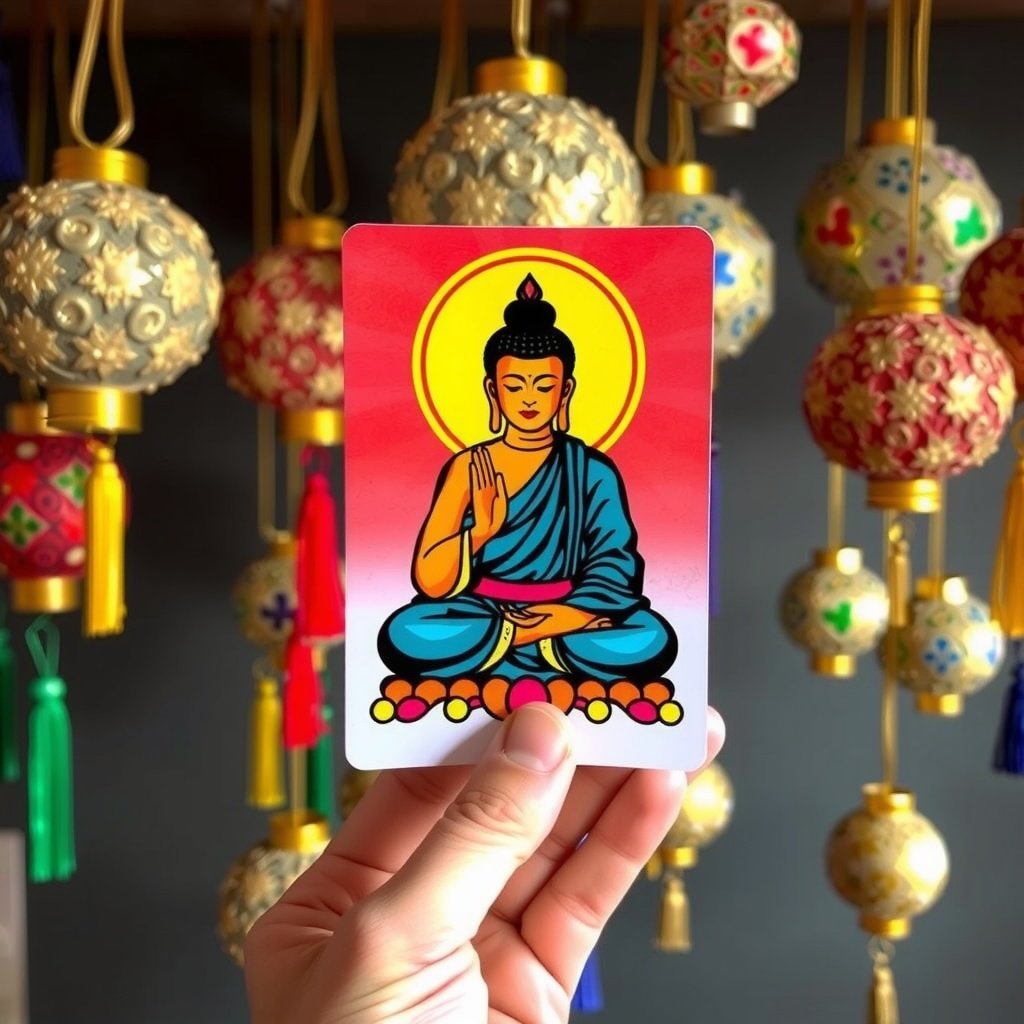 A vibrant card featuring Buddha, held against a backdrop of ornate hanging lanterns.