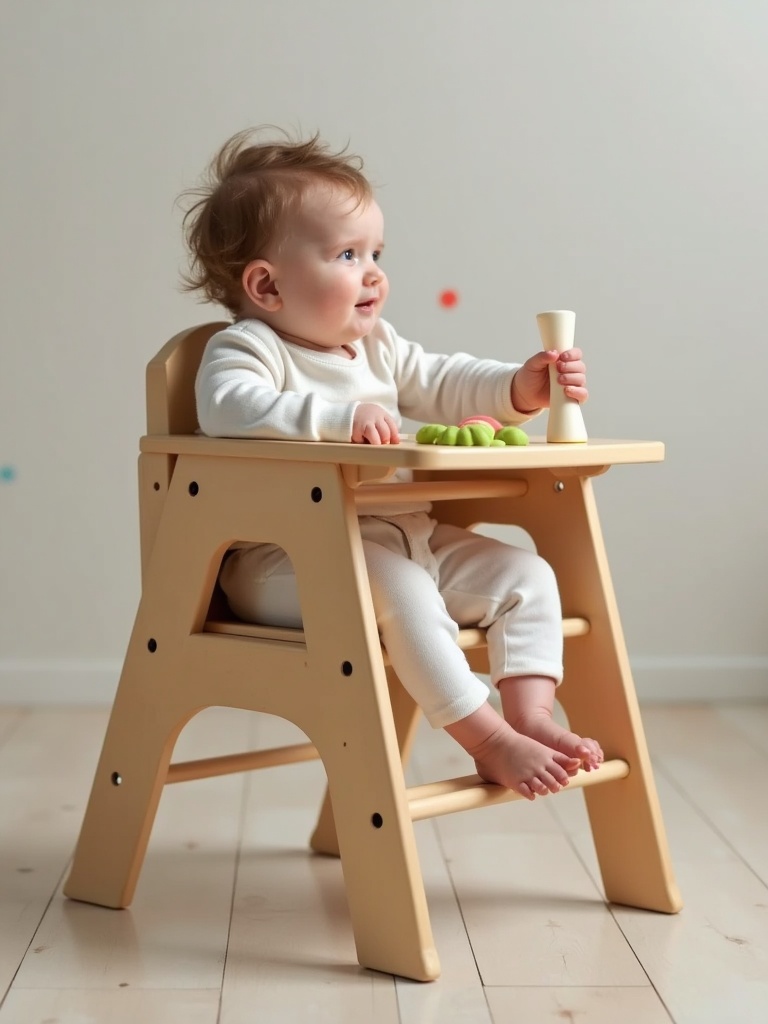 The image captures a young child in a high chair, playing with a small wooden object. The child appears curious and engaged, dressed in soft, white clothing that complements the serene and light-filled room. The scene is minimalistic, with a neutral backdrop that emphasizes the child's innocent play.