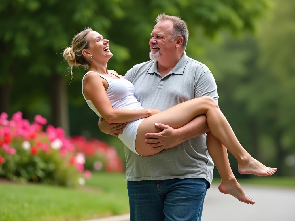 A joyous couple spending time outdoors in a park, with a man playfully carrying a smiling woman, surrounded by greenery and flowers.