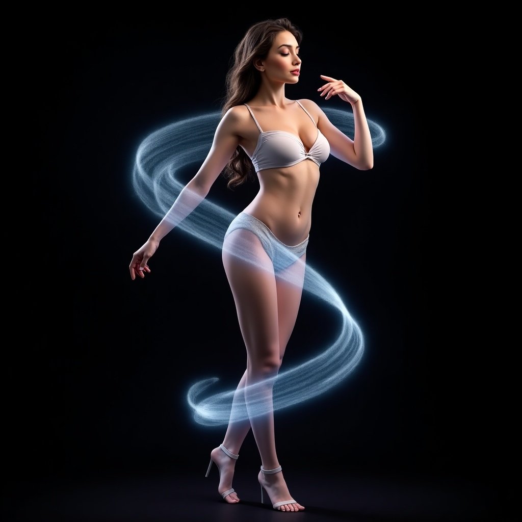 This image features a beautiful woman with an hourglass figure. She is captured in a dynamic pose, as if dancing gracefully. Bioluminescent waves emanate from her body, twisting around her arms and torso. The backdrop is entirely black, highlighting her figure. The side lighting adds depth and emphasizes the elegance of her pose.