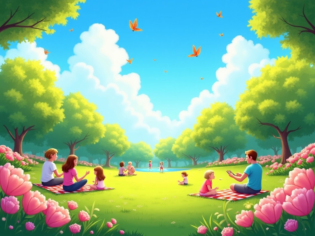 This image depicts a vibrant summer day in a park where families are enjoying their time. A few families are having picnics on colorful blankets surrounded by beautiful flowers. Children are playing and laughing, creating a joyful atmosphere. The sky is bright blue with fluffy white clouds and butterflies fluttering about. This scene captures the essence of summer fun and togetherness in nature.