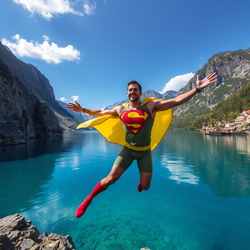 A man in a superhero costume jumps joyfully by a clear blue lake surrounded by mountains.