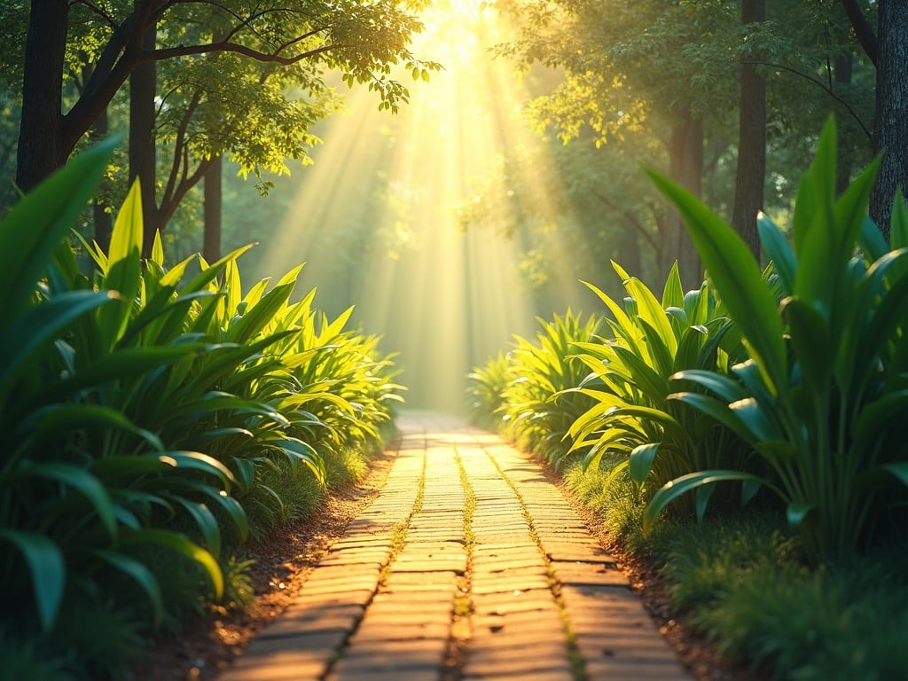 This image features a beautiful sunny pathway surrounded by tall green plants. The sunlight radiates through the trees, creating an enchanting atmosphere. The pathway is made of bricks, leading deeper into a lush forest. Warm rays of light beam onto the scene, highlighting the vibrant greenery. This picturesque setting evokes a sense of peace and tranquility, inviting viewers to imagine a serene walk in nature.