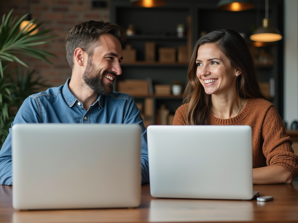 A smiling man and woman sit at a table, each with a laptop in front of them, in a warmly lit room.