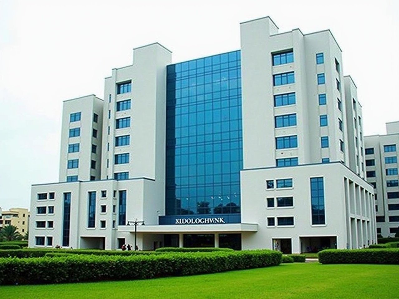 The image shows a modern building complex with a striking architectural design. The main structure has a large glass facade in shades of blue, flanked by white walls. Several smaller buildings of similar style surround the central structure. The sky is overcast, indicating that it might rain soon. There are well-maintained green lawns and shrubs in the foreground, enhancing the appeal of the area. The combination of blue glass and white exterior gives the complex a sleek, contemporary look.