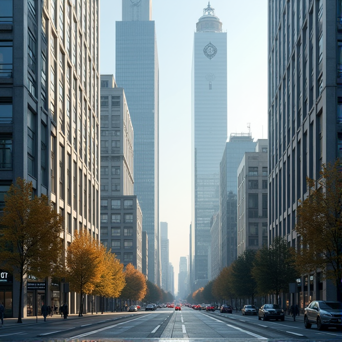 A city street flanked by tall buildings and lined with autumn-colored trees under a clear blue sky, bustling with cars and pedestrians in a vibrant urban environment.