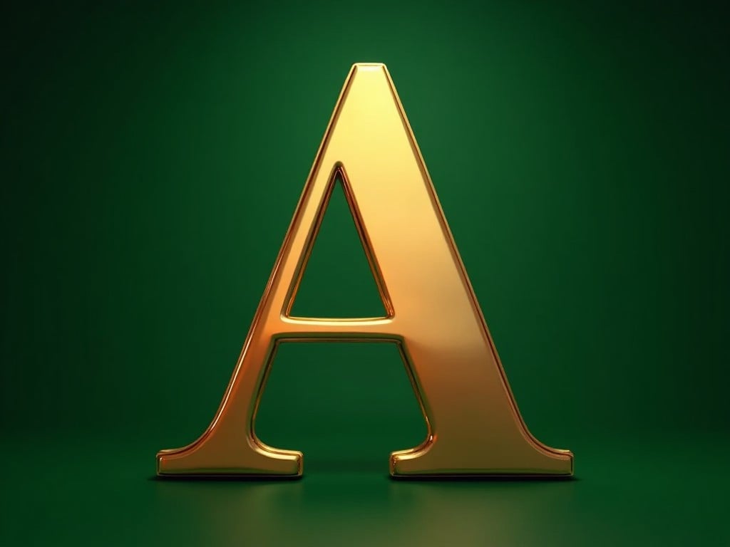 A shiny gold letter 'A' stands prominently against a rich green background, creating a luxurious contrast. The letter is three-dimensional and highly reflective, capturing light beautifully. The green backdrop adds depth and enhances the gold's vividness. This image is perfect for branding or design related projects. It evokes a sense of elegance and sophistication.